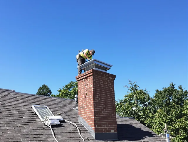 Winchester Chimney Sweep technician measuring a chimney cap in Winchester, MA