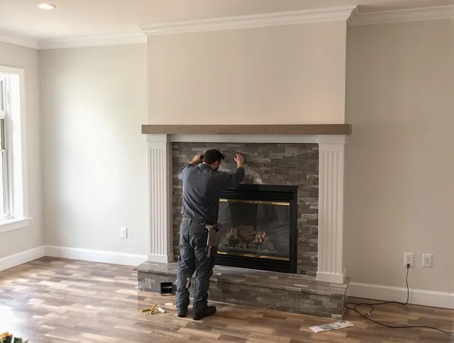 Winchester Chimney Sweep finishing a custom fireplace install in Winchester, MA